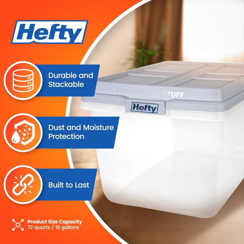Hefty 72 Quart Hi-Rise Storage Bin with Lid, Stackable Plastic Container Tote for Home, Office, and Classroom Organization, 6 Pack, Quarry Gray