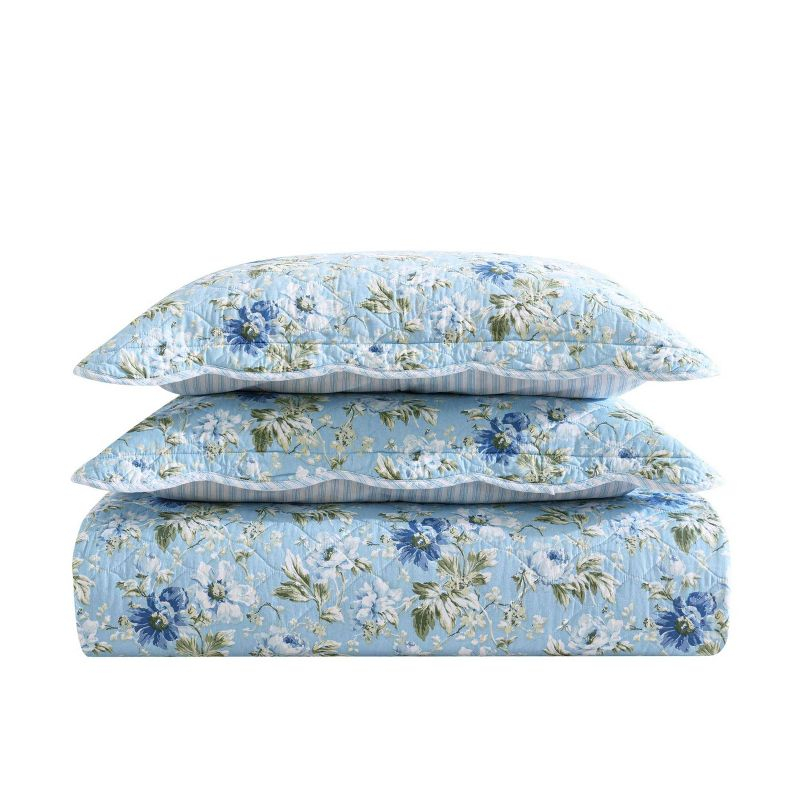 Laura Ashley Full/Queen Peony Garden Quilt Set Blue: Includes 2 Shams, Year-Round Comfort