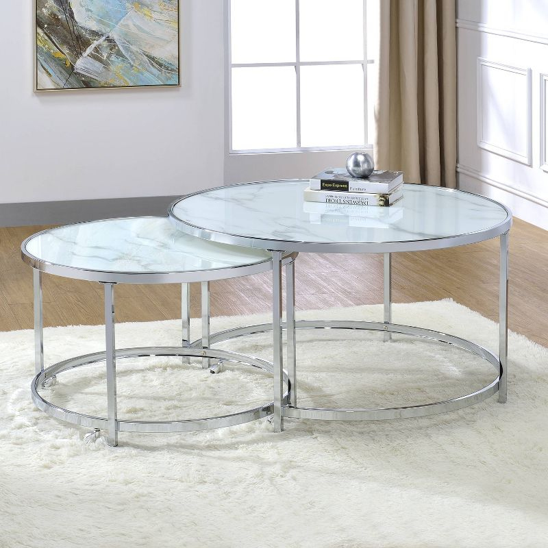 Rayne Nesting Cocktail Table White - Steve Silver Co.: Chrome Frame, Faux Marble Top, 2-Piece Set
