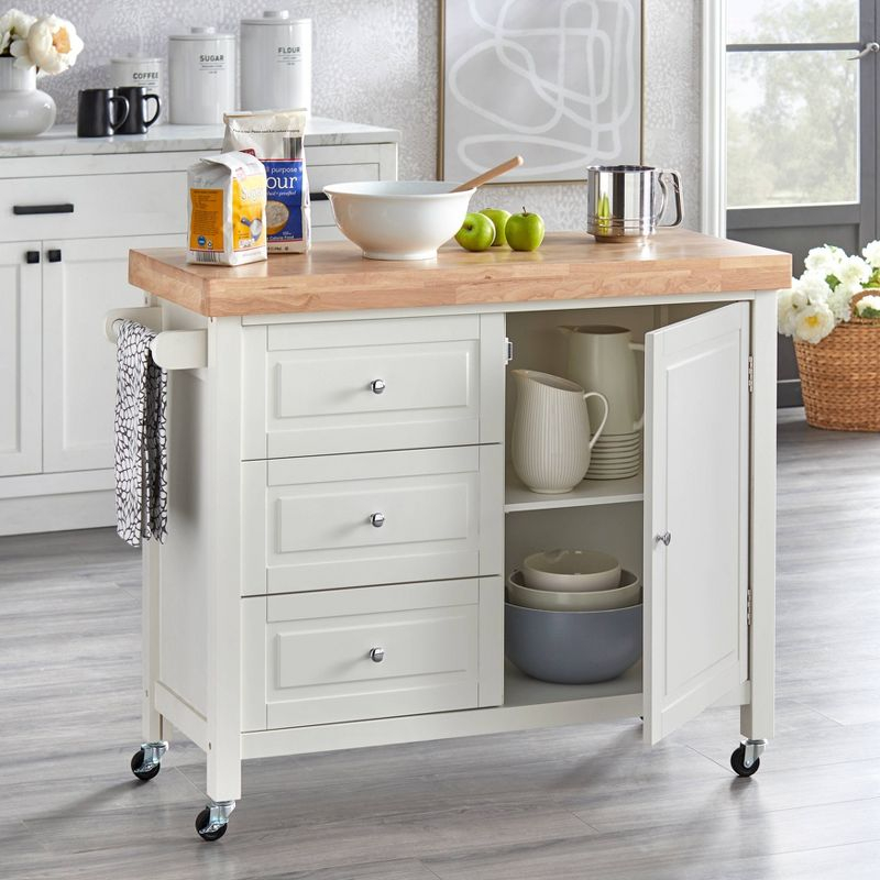 Buylateral Monterey Kitchen Cart White: Rubberwood Serving Cart with Towel Bar & Locking Wheels