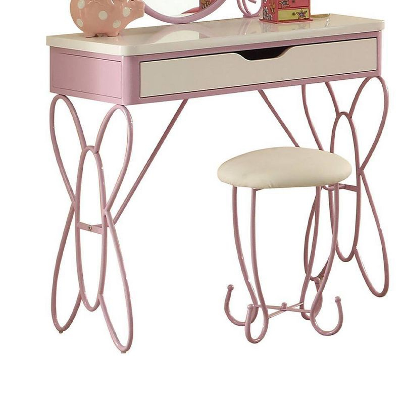 Vanity Set White Purple - Acme Furniture: Butterfly-Shaped Desk with Stool & Storage Drawer