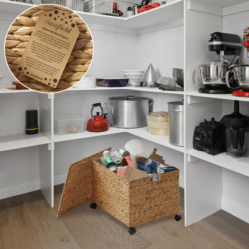 Casafield Rolling Storage Basket Cart with Lid and Wheels, Natural - Woven Water Hyacinth Divided Sorting Bin for Kitchen, Laundry, Pantry, Garage