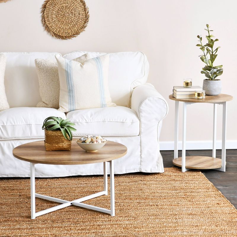 Household Essentials Jamestown Round End Table Brown/White: Modern Minimalist, Iron Frame, Particle Board Top