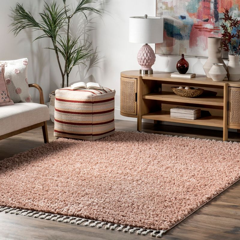 Nuloom Neva Solid 4x6 Shag Indoor Area Rug for Living Room Bedroom Dining Room Nursery, Blush/Ivory