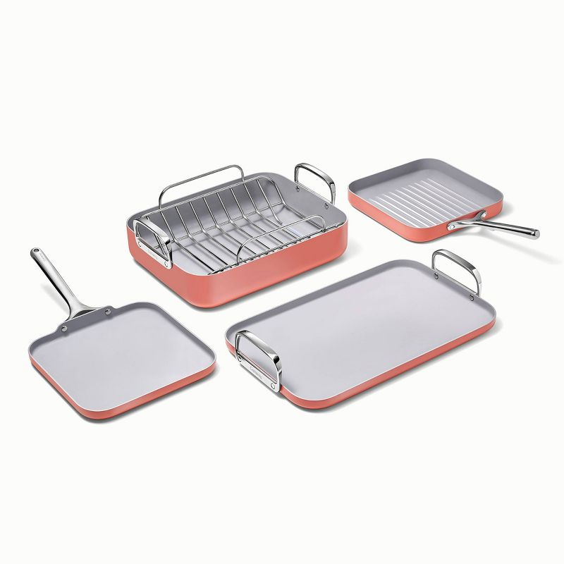 Caraway Home 7pc Square Cookware Set Perracotta: Nonstick Ceramic, Griddle Pans, Roasting Pan, Pot Lid Organizer