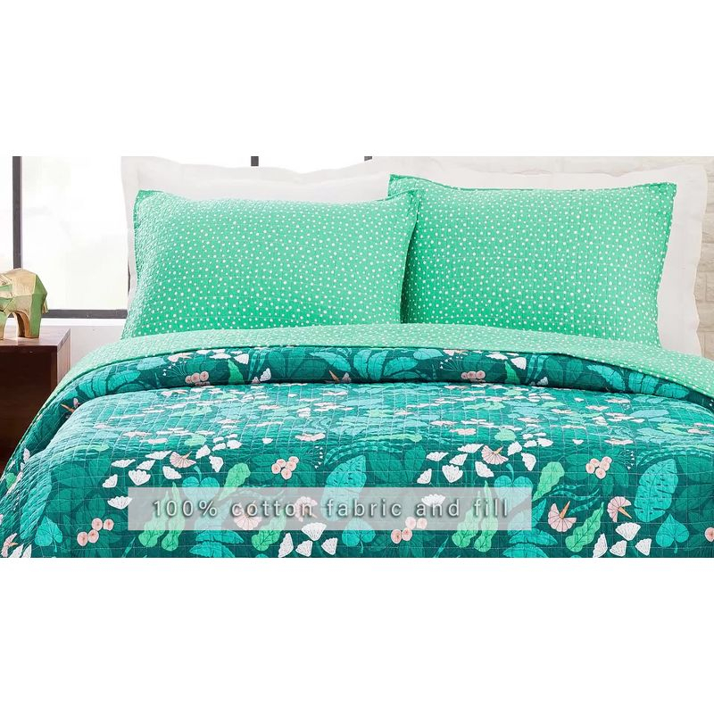 3pc Full/Queen Jungle Floral Quilt Set Green - Elizabeth Olwen for Makers Collective: Cotton Bedding Set with Shams