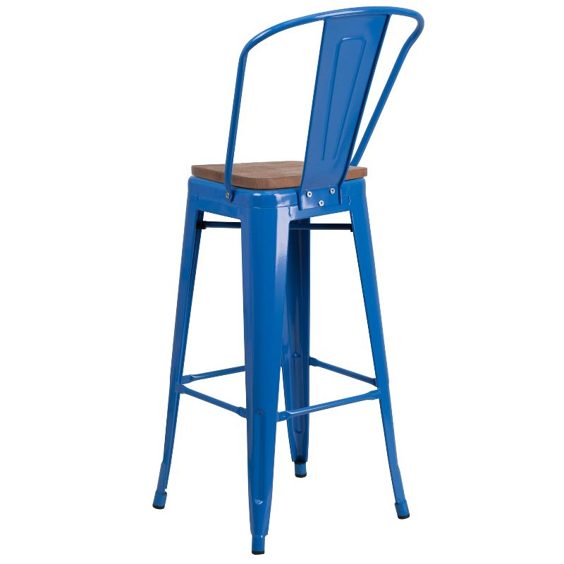 Emma and Oliver 30"H Blue Metal Barstool with Back and Wood Seat