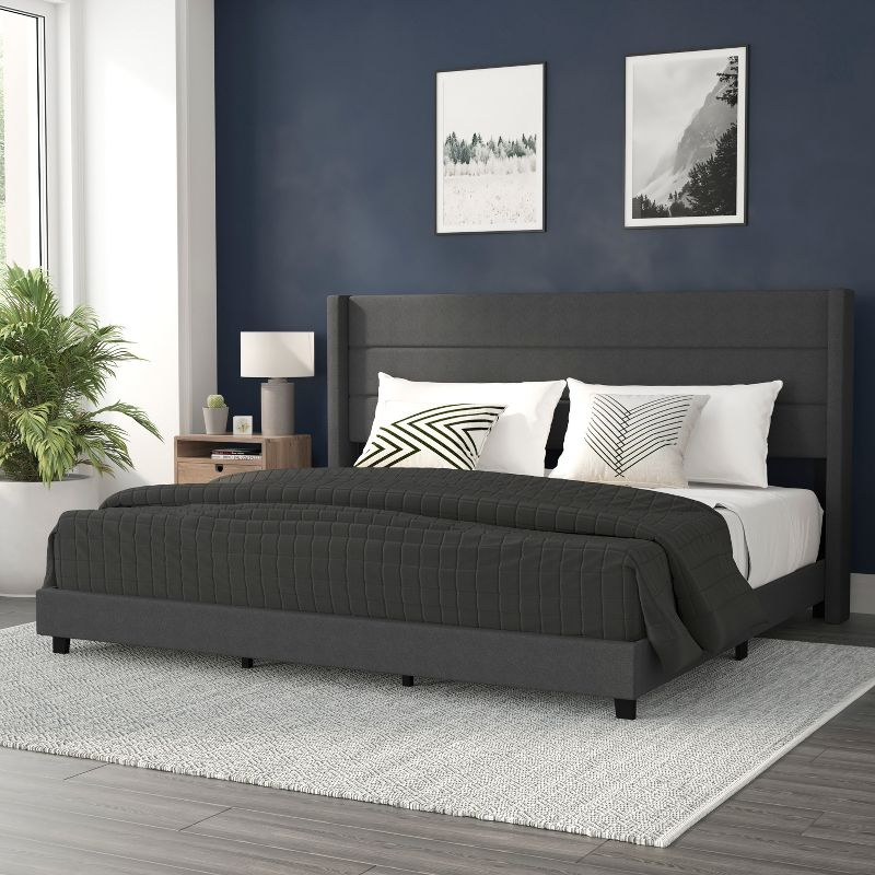 Flash Furniture King Size Upholstered Platform Bed with Wingback Headboard-Charcoal Faux Linen