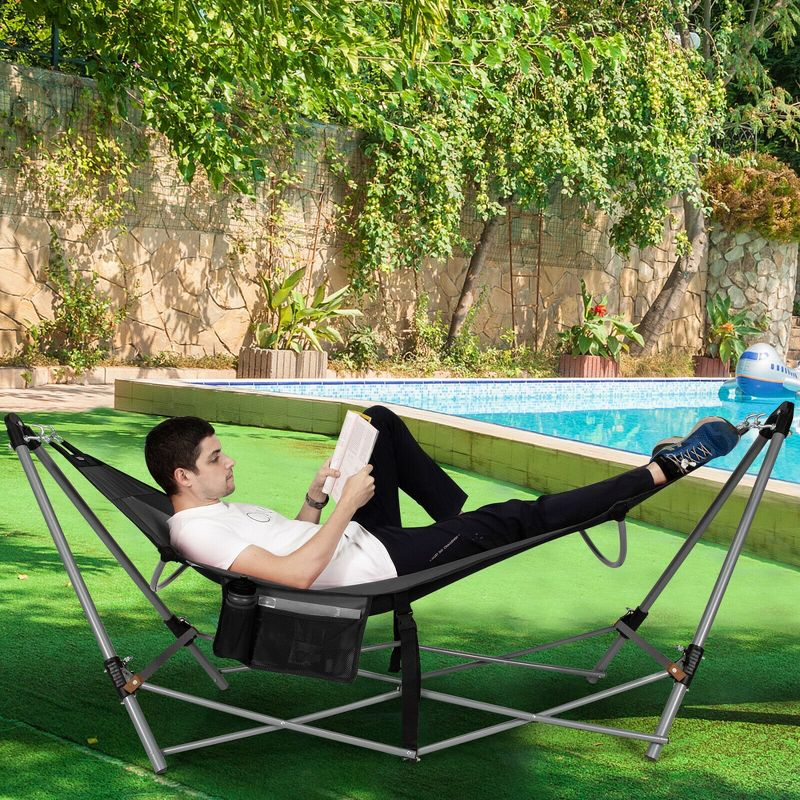 Costway Folding Hammock Indoor & Outdoor Hammock with Side Pocket & Iron Stand Grey