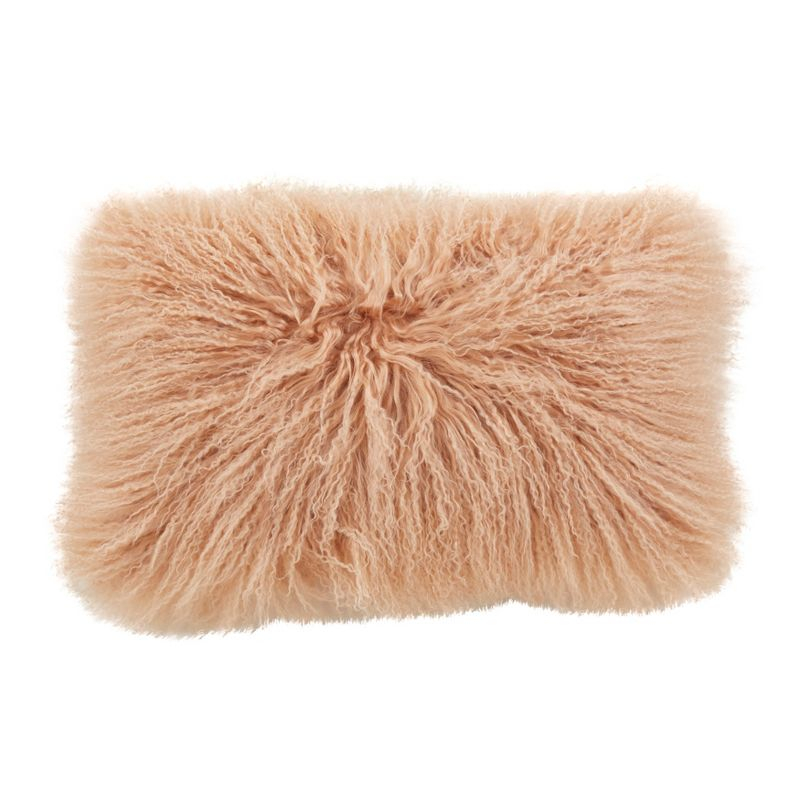 Saro Lifestyle 100% Wool Mongolian Lamb Fur Throw Pillow With Poly Filling, Peach, 12"x20"