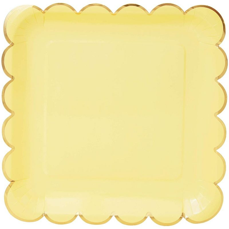 Sparkle and Bash 48-Pack Pastel Yellow Square Disposable Paper Plates, Gold Foil Scalloped Edge 9 In
