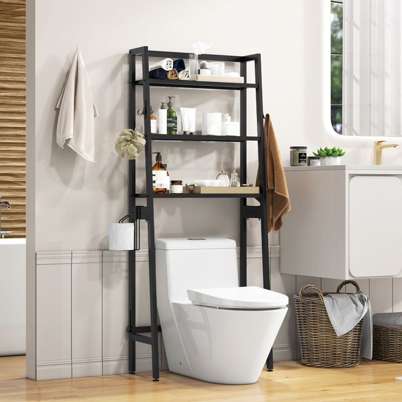 Tangkula Over-the-Toilet Storage 3-Tier Freestanding Bathroom Organizer Shelf w/ 2 Hanging Hooks & Toilet Paper Holder White/Black