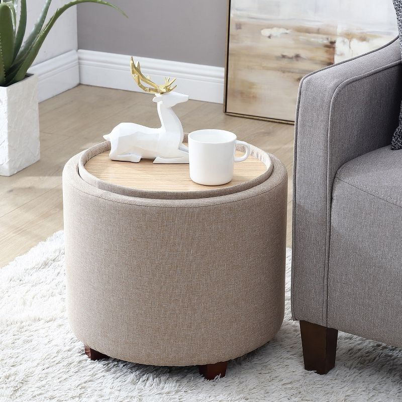 Ornavo Home Lawrence Round Storage Ottoman with Table Top Lid - Linen Beige