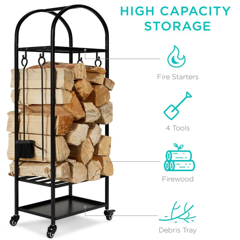 Best Choice Products 4ft 3-Tier Firewood Log Rack, Vertical Wrought Iron Holder for Home w/ 4-Piece Tool Set, Wheels