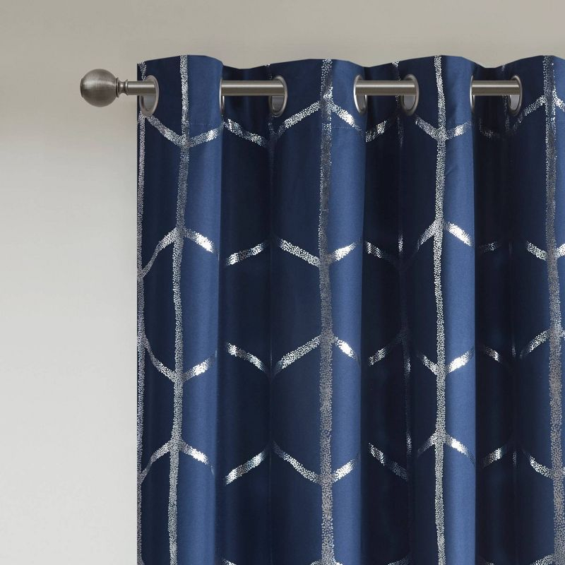 63"x50" Arielle Total Blackout Metallic Printed Curtain Panel Navy: Intelligent Design, Geometric Grommet Top, Energy Efficient