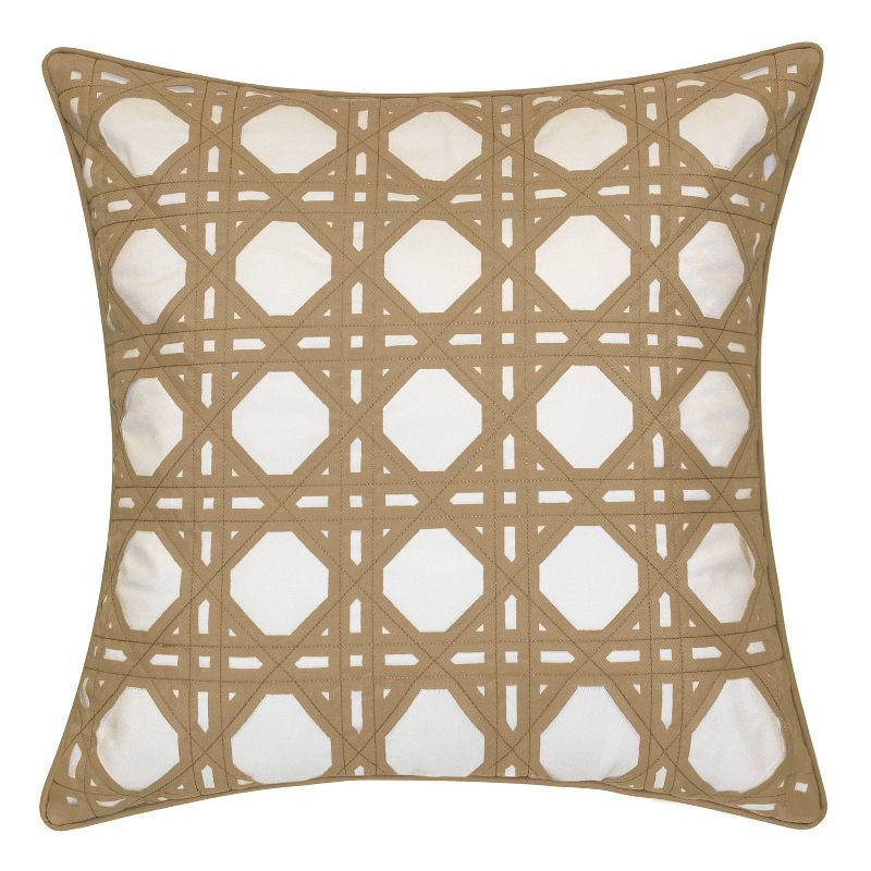 Embroidered Geometric Rattan Indoor/Outdoor Throw Pillow Khaki - Edie@Home: Weather-Resistant, Zipper Closure, Square Shape