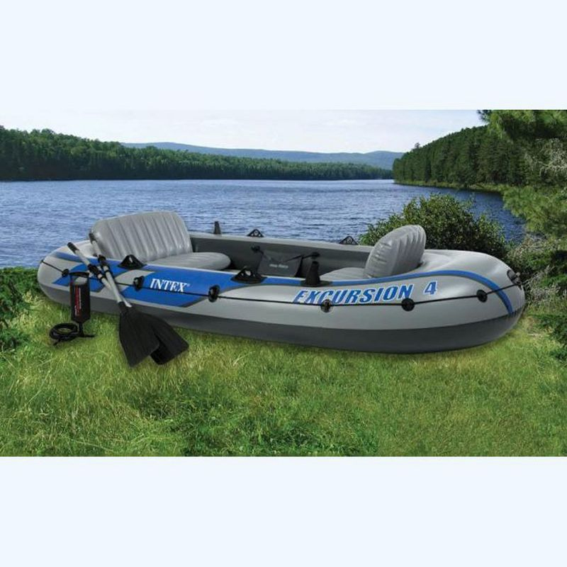 Intex Excursion 4 Inflatable Raft Set w/ 2 Transom Mount 8 Speed Trolling Motors