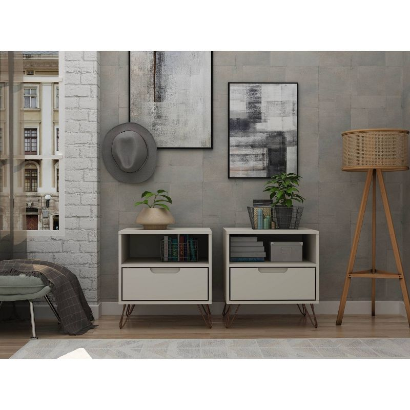 Set of 2 Rockefeller 1 Drawer Nightstands Off White - Manhattan Comfort: Mid-century Design, Metal Legs, Concealed Storage