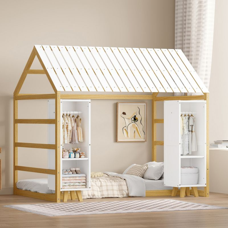 Twin Size House Bed Platform Bed Kids Floor Bed with Two Movable Wardrobes, Fence and Roof, Natural-ModernLuxe