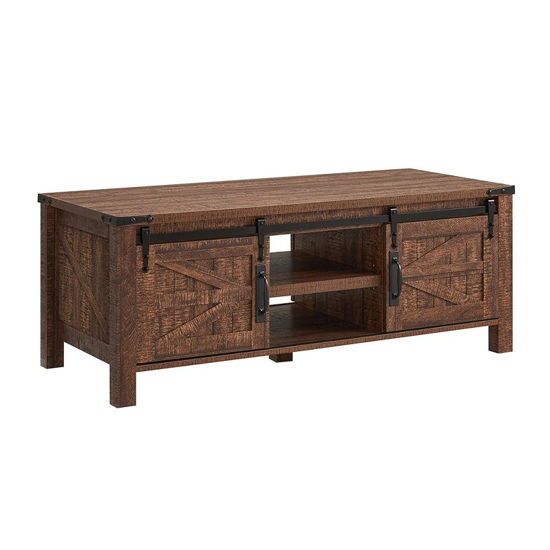 OKD Farmhouse Sturdy Coffee Table with Sliding Barn Doors and Storage Shelves for Living Room, Den, Family Room, or Office, Reclaimed Barnwood