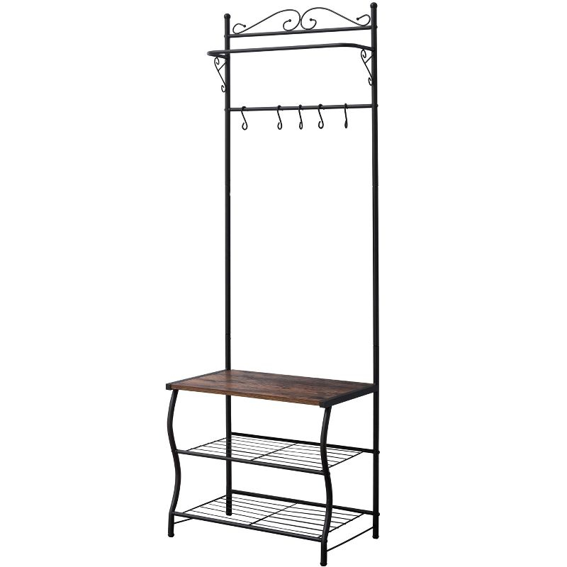 Kings Brand Furniture Brentwood Entryway Shoe Bench, Coat Rack, Hall Tree Storage Organizer with Hooks, Black