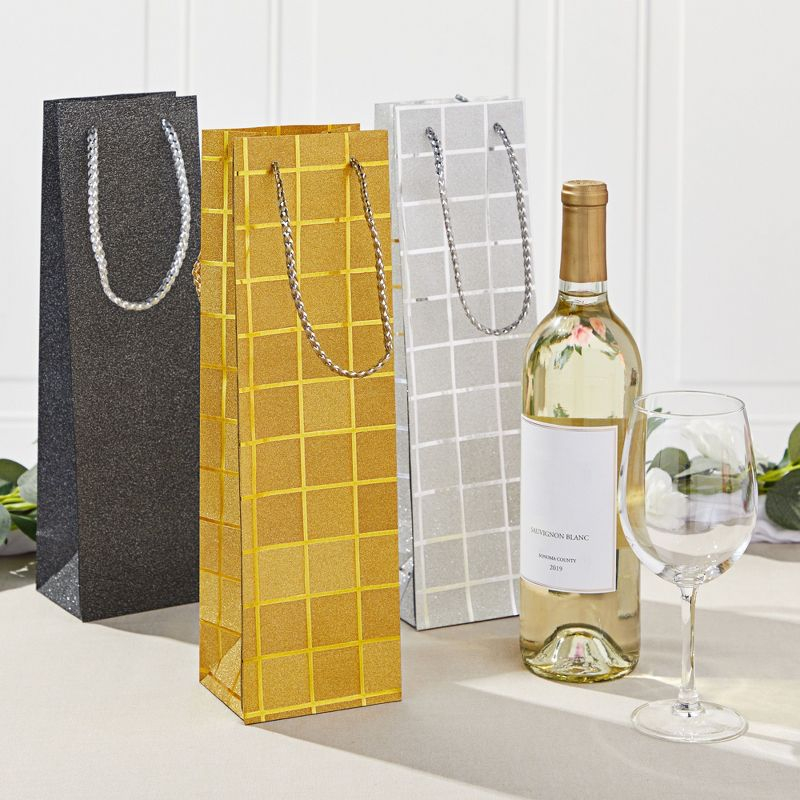 Juvale 6 Pack Foiled Glitter Wine Bottle Gift Bags with Handles for Holidays, New Years, Birthdays, Silver, Black, Gold, 3.8 x 14 x 3.3 n