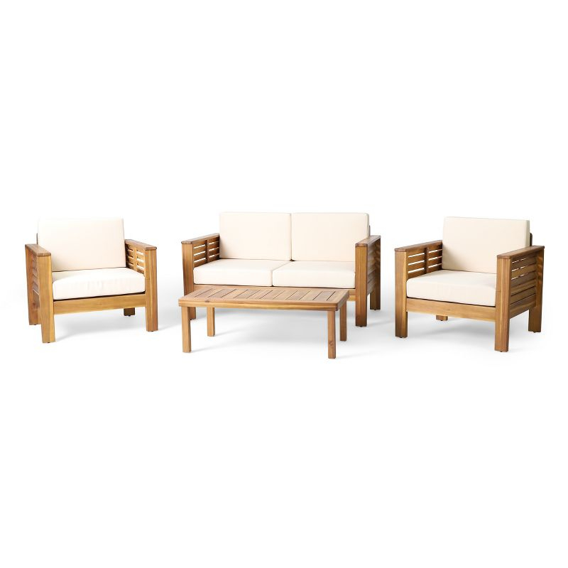 Christopher Knight Home Rabun Outdoor Acacia Wood 4 Seater Chat Set with Cushions, Cream/Teak