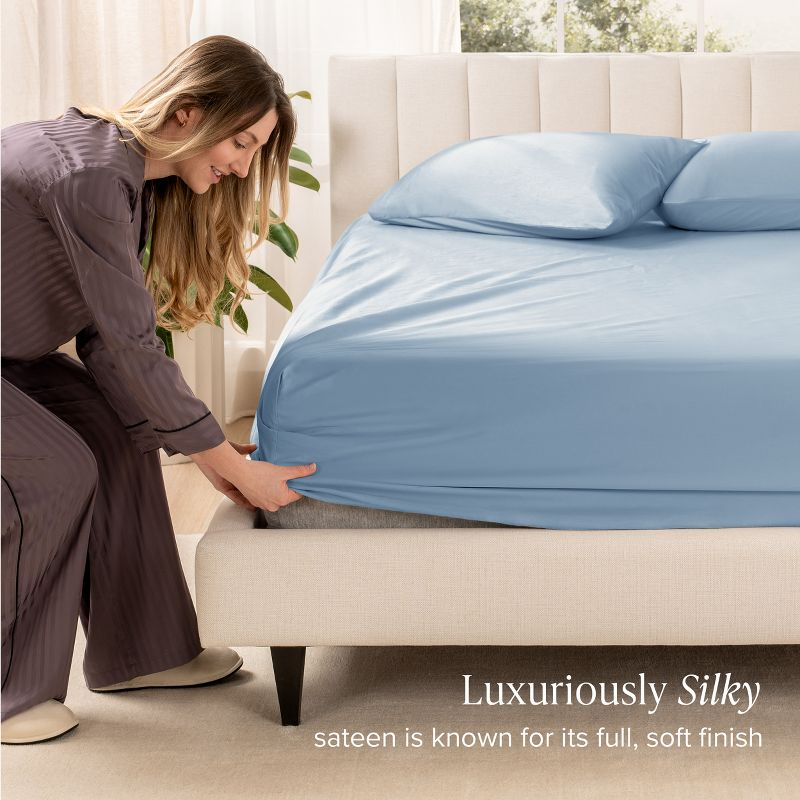 400 Thread Count Organic Cotton Sateen Twin XL Fitted Sheet Dusty Blue by Bare Home
