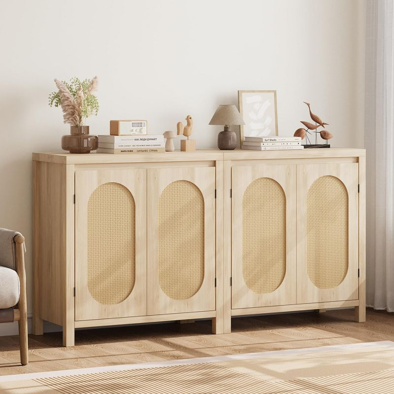 Rattan Storage Cabinet, Wooden Sideboard Buffet Cabinet with Doors and Shelves, Small Console Cabinet with Storage