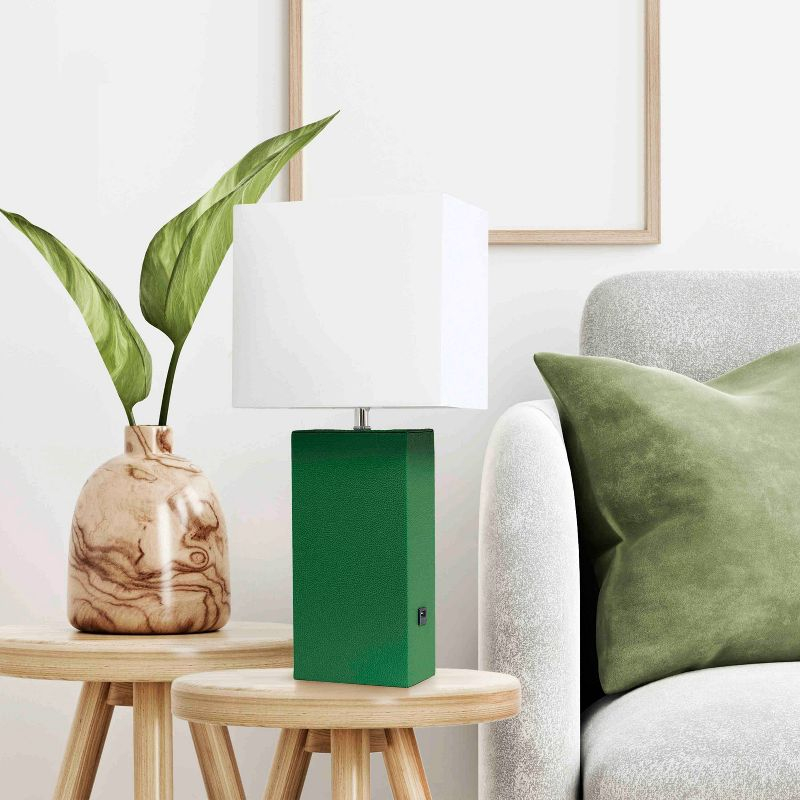 21" Lexington Leather Base Modern Home Decor Bedside Table Lamp with USB Charging Port and Fabric Shade Green/White - Lalia Home: No Assembly