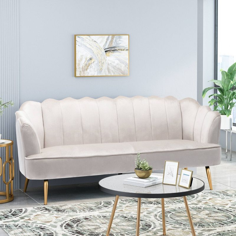 Reitz Modern Glam Velvet Channel Stitch 3 Seater Shell Sofa Beige/Gold - Christopher Knight Home