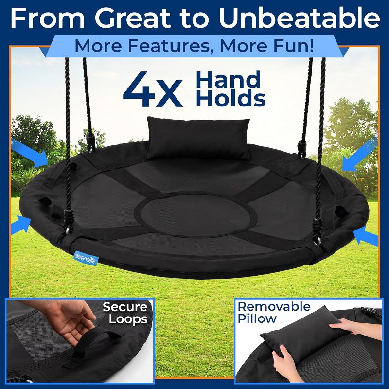 SereneLife 40" Saucer Swing with Handles, Pillow, Hanging Kit, and Carry Bag - Indoor/Outdoor Use - Black