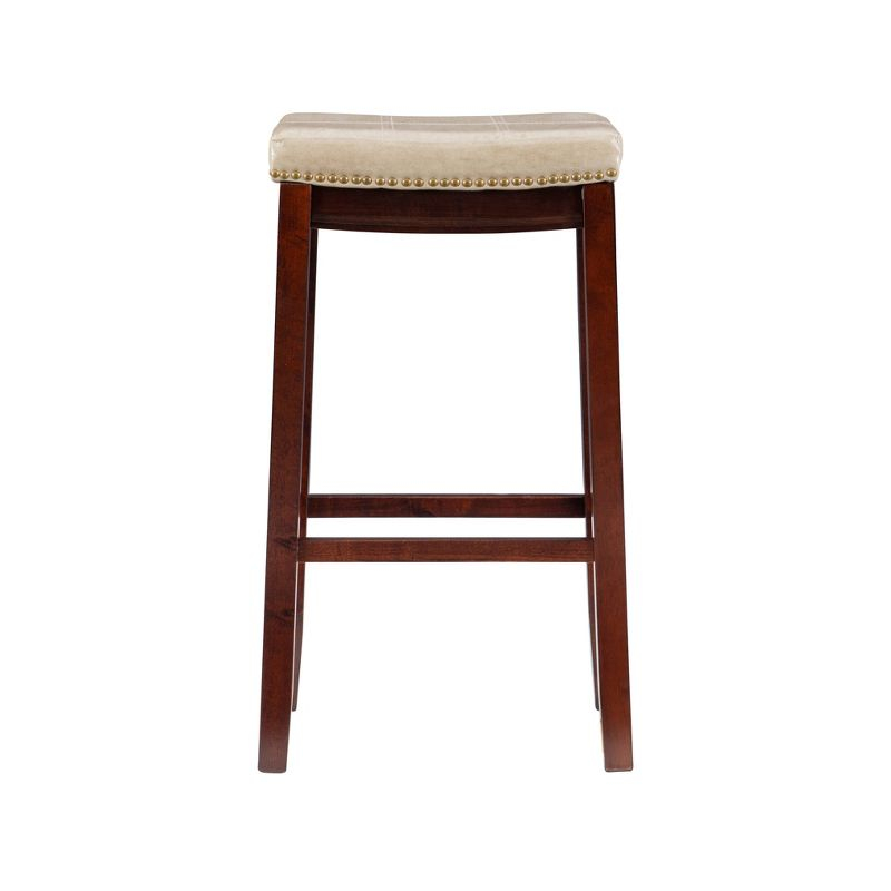 Linon Claridge Backless Faux Leather Nailhead Saddle Barstool Beige : Upholstered, Rubberwood Legs, Fixed Height