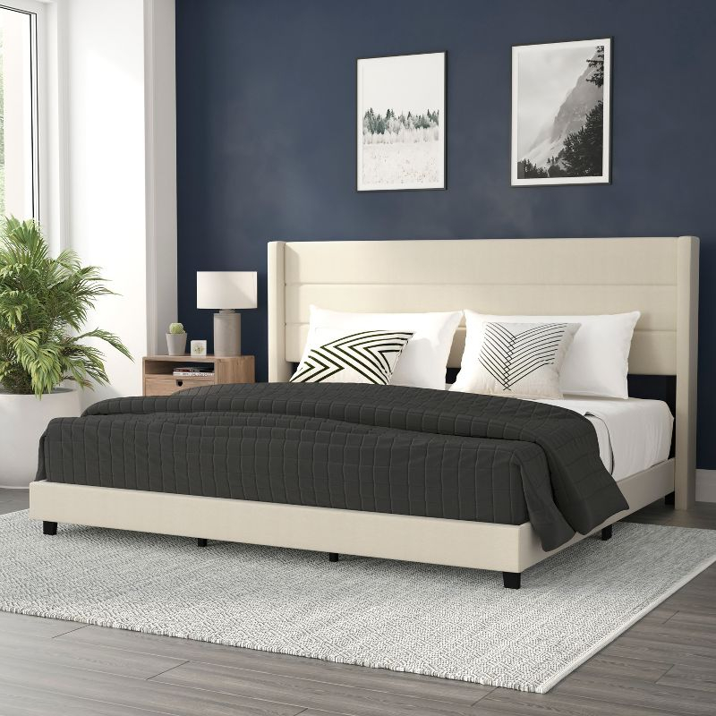 Flash Furniture King Size Upholstered Platform Bed with Wingback Headboard-Beige Faux Linen