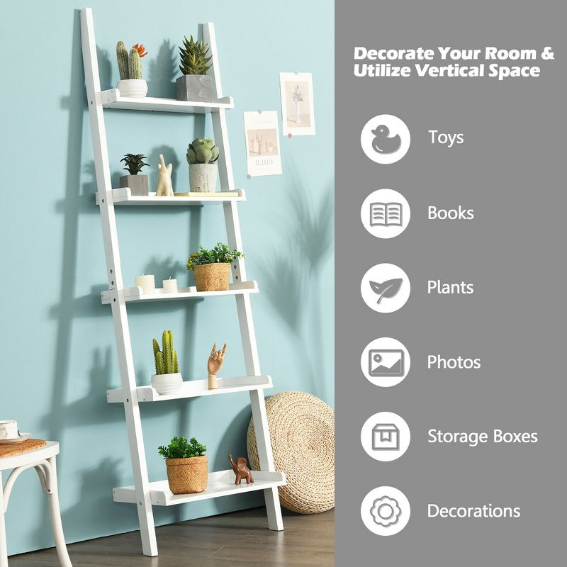 Costway Versatile White 5-Tier Bookshelf Leaning Wall Shelf Ladder  Bookcase White