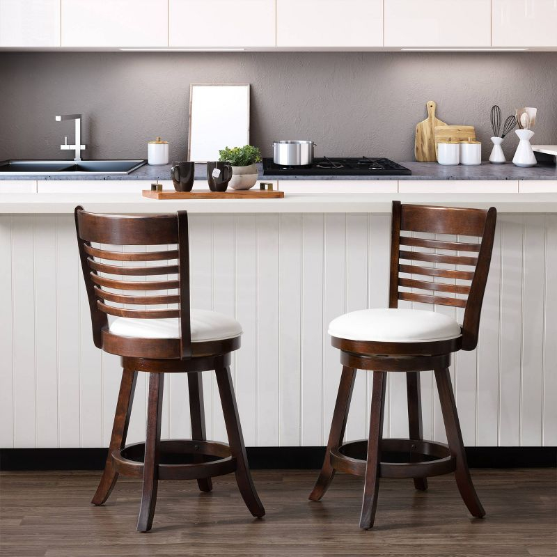 Set of 2 Woodgrove Counter Height Barstools with Slat Backrest Dark Cappuccino White - CorLiving: Faux Leather, Swivels, Rubberwood Legs
