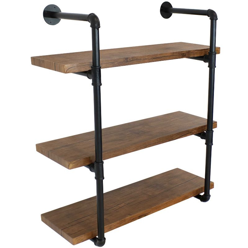 Sunnydaze 3 Shelf Industrial Style Pipe Frame Wall-Mounted Floating Shelf with Wood Veneer Shelves