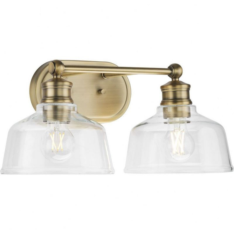 Progress Lighting Singleton 2-Light Vanity Fixture, Vintage Brass, Clear Glass Shades