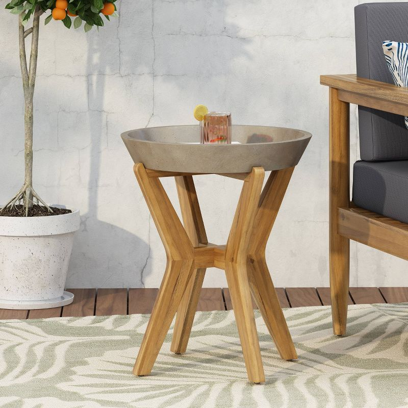 Yukon Patio Side Table - Teak/Light Gray - Christopher Knight Home: Acacia Wood Frame, Round Concrete Top