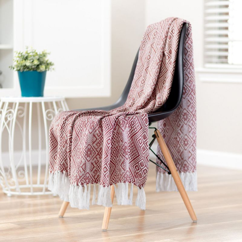 Chanasya Multi Diamond Cotton Throw Blanket With Tassels - (50x65 Inches) Rust