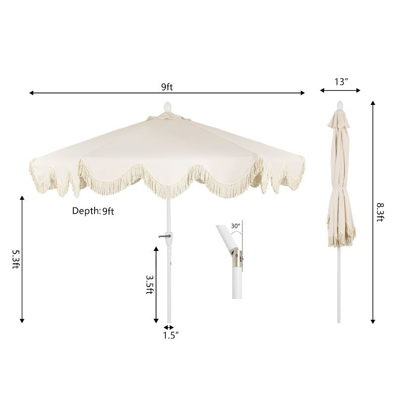 JONATHAN Y Collins 9 ft. Classic Cottage Tassel Market Patio Umbrella with Auto-Tilt, Crank, Wind Vent and UV Protection in Cream