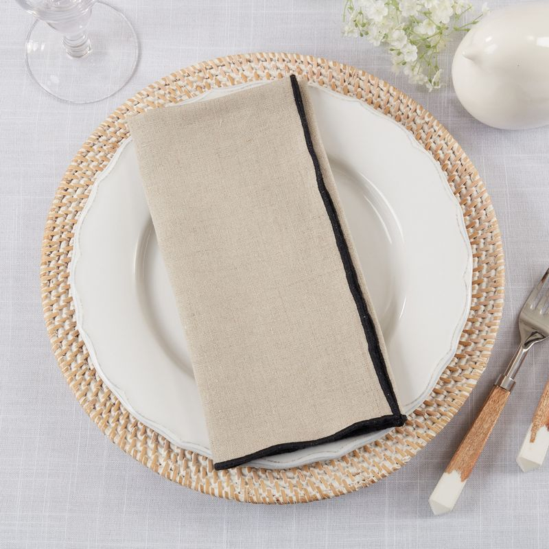 Saro Lifestyle Stitched Border Stonewashed Linen Napkins (Set of 4), Black/Natural, 20" x 20"