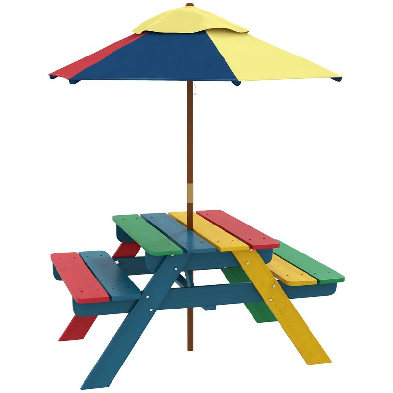 Outsunny Kids Picnic Table Set with Parasol, Wooden Outdoor Bench Set with Seating for 2 Children 3-6 Years Old, for Patio, Backyard, Indoor Use