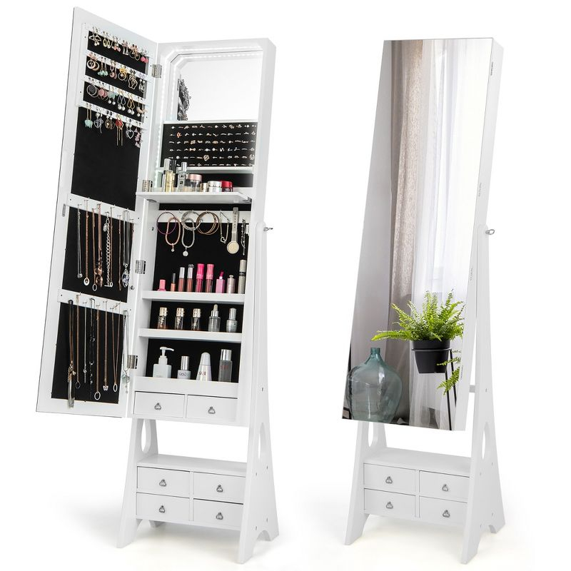 Tangkula Jewelry Cabinet Armoire Full Length LED Mirror w/ 6 Drawers & Makeup Shelf White