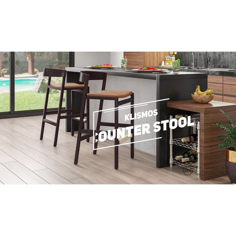 Manhattan Comfort Set of 2 Klismos Upholstered Beech Wood Counter Height Barstools Black: Faux Leather, Semi-Gloss Finish, Footrest