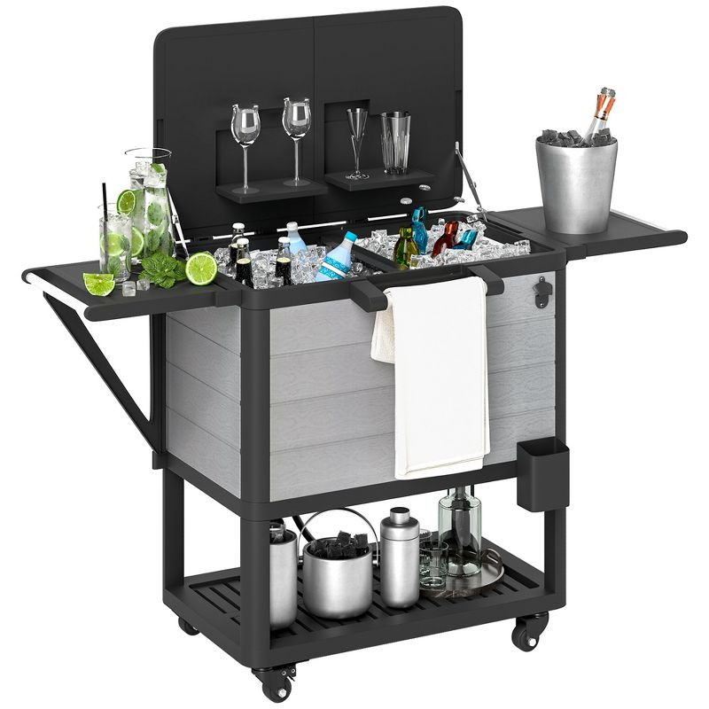 Outsunny 104 Quart Patio Cooler Cart, Outdoor Beverage Rolling Ice Chest with Bottle Opener and Shelves for Pool Deck BBQ Cookouts Party, Gray