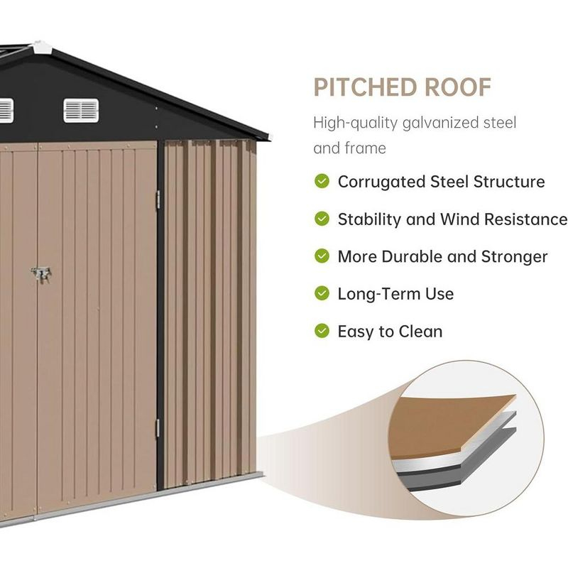 12x10 FT Outdoor Metal Storage Shed Garden Tool House With Lockable Doors and Vent Brown