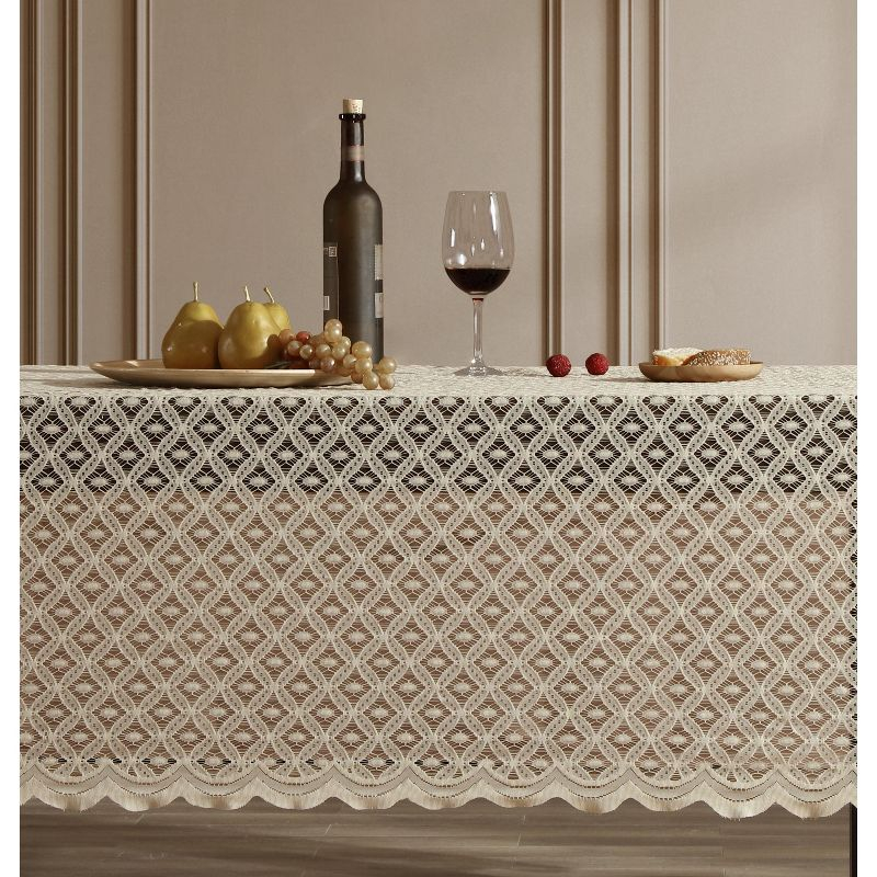 HLC.ME Alona Lace Fabric Table Cloth for Rectangle Tables, Wrinkle Resistant, Patterned Scalloped Tablecloth - Linen, 60 W x 84 L