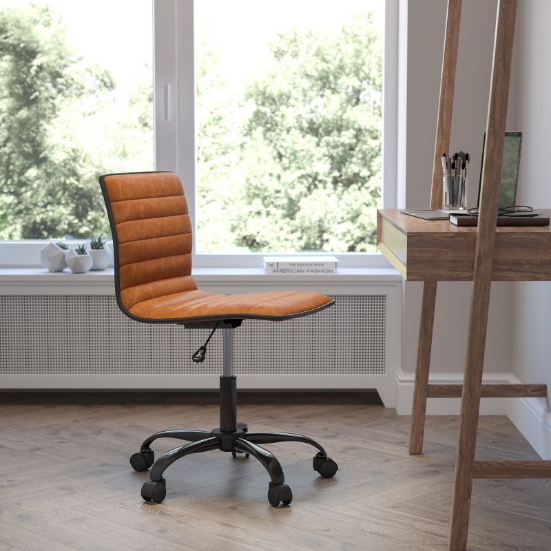 Flash Furniture Low Back Designer Armless Brown Ribbed Swivel Task Office Chair with Black Frame and Base