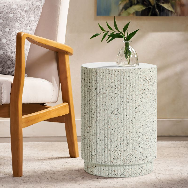 LuxenHome Outdoor Side Table, 17" Ivory White Cement Round Patio End Table,Outdoor Coffee Table for Garden Poolside,Accent Side Table